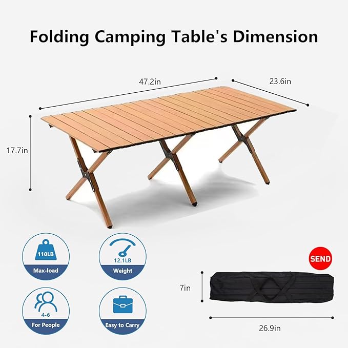 Folding Camping Table, 48Inch Lightweight Roll-Up Table Aluminum Low Portable Picnic Table with Carrying Bag for Outdoor, Beach, Picnic, Backyards, BBQ and Party Log Color