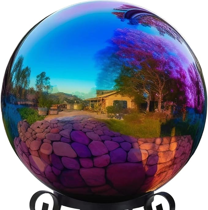 12 Inch Stainless Steel Gazing Globe,v2croft Hollow Ball Mirrored Surface Polished Shiny Sphere,Garden Stainless Steel Gazing Ball for Outdoor Lawn Pond Yard Ornament(rainbow)