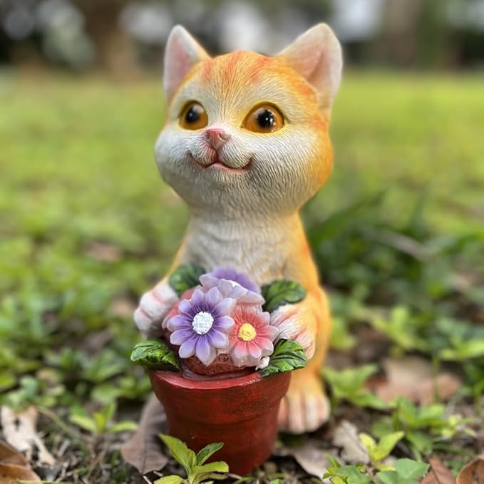 YODY Solar Garden Statues Outdoor Decor- Yard Decorations for Patio, Balcony, Backyard, Lawn Ornaments - Cat Statue with Flower Pot- Unique Cat Lover Gifts for Mom, Grandma, Women