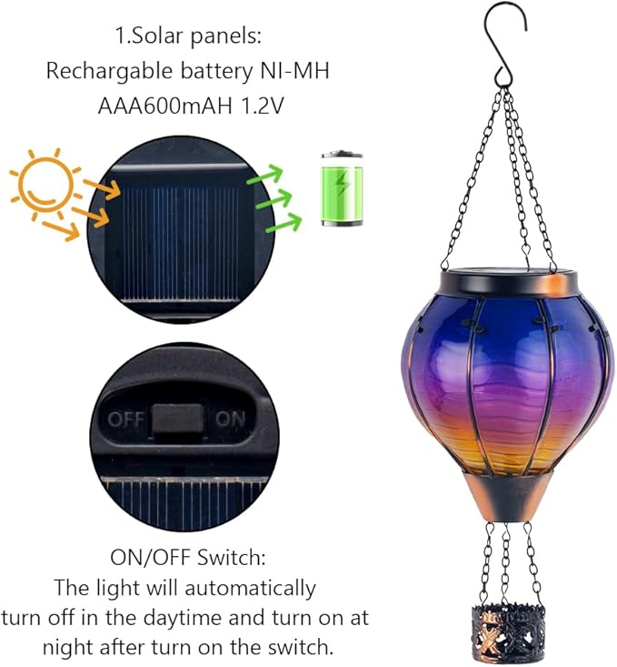 Starsoul Glass Solar Hot Air Balloon Flickering Flame Hanging Garden Light Purple Hot Air Balloon Solar Lantern with Large Basket Waterproof Hot Air Balloon Solar Lamp Decor