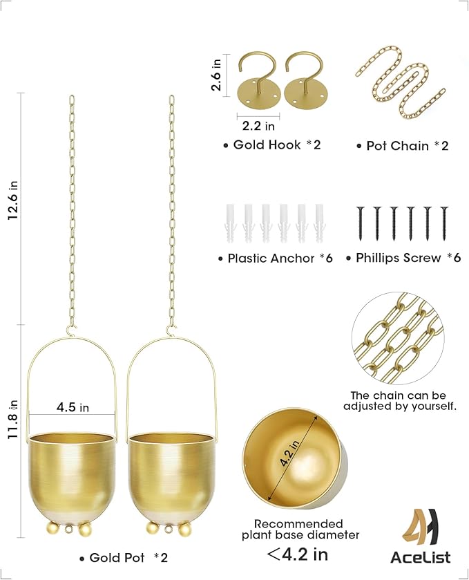 AceList Boho Gold Metal Hanging Planters, Set of 2 with Hooks & Chains - Versatile Wall & Ceiling Window Hanging Planters for Indoor/Outdoor Décor