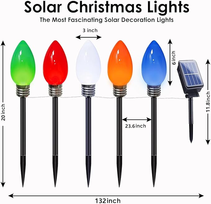 10-Pack Jumbo C9 Solar Christmas Lights, Upgraded LED Outdoor Christmas Decoration, Larger Muticolor Bulbs Solar Lights Outdoor Waterproof for Outside Path Garden Holiday Yard Patio Decor (Multicolor)