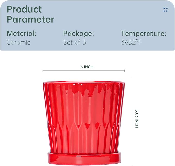 Ton Sin Plant Pots, 6 Inch Flower Pots for Plants,Ceramic Planter with Drainage Holes,Indoor Planter Pots with Saucer,Outdoor Garden Pots (Red, 4 Pack)
