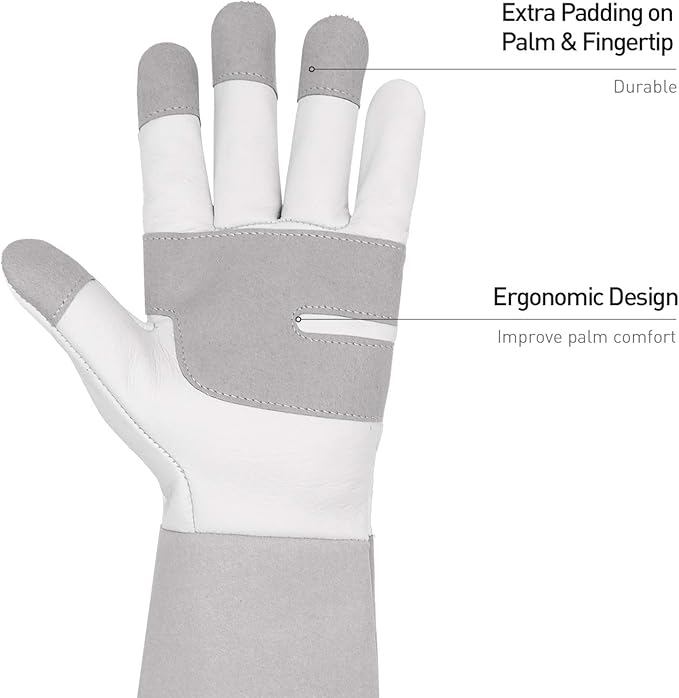 HANDLANDY Long Gardening Gloves for Men & Women, Thorn Proof Rose Pruning Gloves Leather Gauntlets Garden Glove Yard Work Glove (Large, Grey)