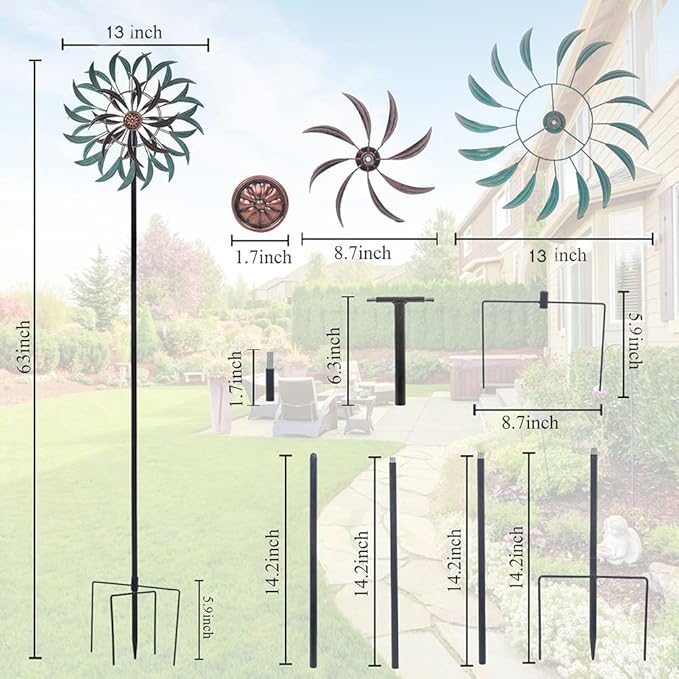 VEWOGARDEN 360° Outdoor Wind Spinner, Wind Sculpture Spinner with Metal Stake, Yard Art Decor for Patio, Lawn & Garden 63 * 13