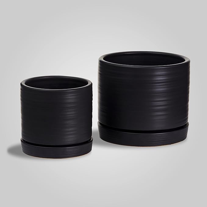 6 + 8 Inch Plant Pots, Ceramic Planter Pot with Drainage Hole & Saucer, Indoor/Outdoor Cylinder Round Planter Pot, Matte Black