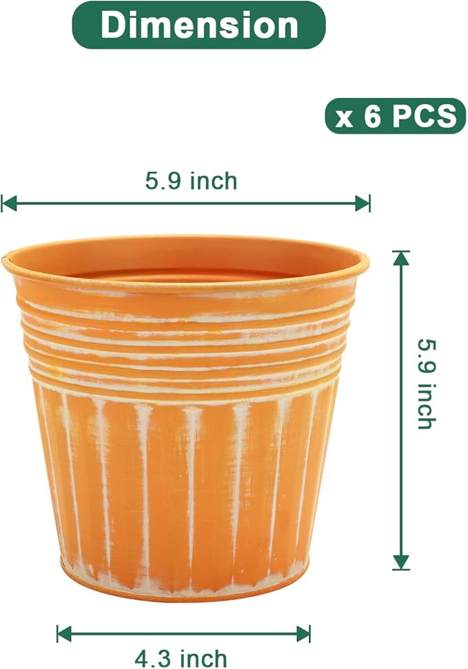 vensovo 6 Inches Orange Metal Rustic Flower Pots - 6 Pcs Small Galvanized Planters with Drainage Hole and Rubber Plug, Rustproof Tin Bucket Plant Pot Farmhouse Vintage Style for Decor
