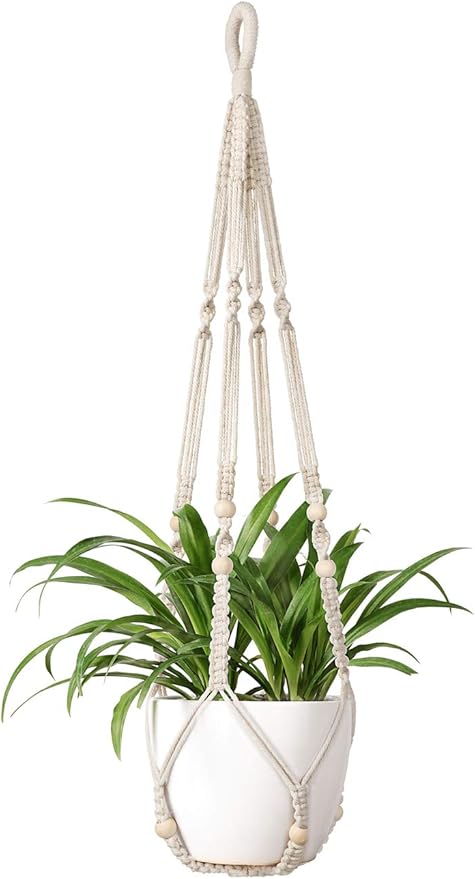 Mkono Macrame Plant Hanger Indoor Hanging Planter Basket with Wood Beads Decorative Flower Pot Holder No Tassels for Indoor Outdoor Boho Home Decor 35 Inch, Ivory, Set of 1 (POTS NOT Included)