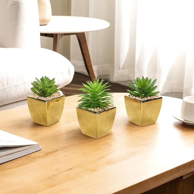 Hollyone Small Succulents Artificial 3 Pcs Faux Succulents with Gold Pots Mini Fake Succulent Plants Indoor Plant Ceramic Pots for Modern Office Desk Bathroom Shelf Living Room Home Decor
