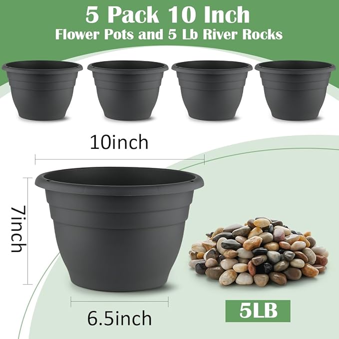 5-Pack 10 Inch Plastic Plant Pots - Indoor/Outdoor Flower Planters Pots with Drainage Hole & Plug, Durable Garden Pots for Plants, Planter Pots for Indoor Plants, Succulents, and Herbs