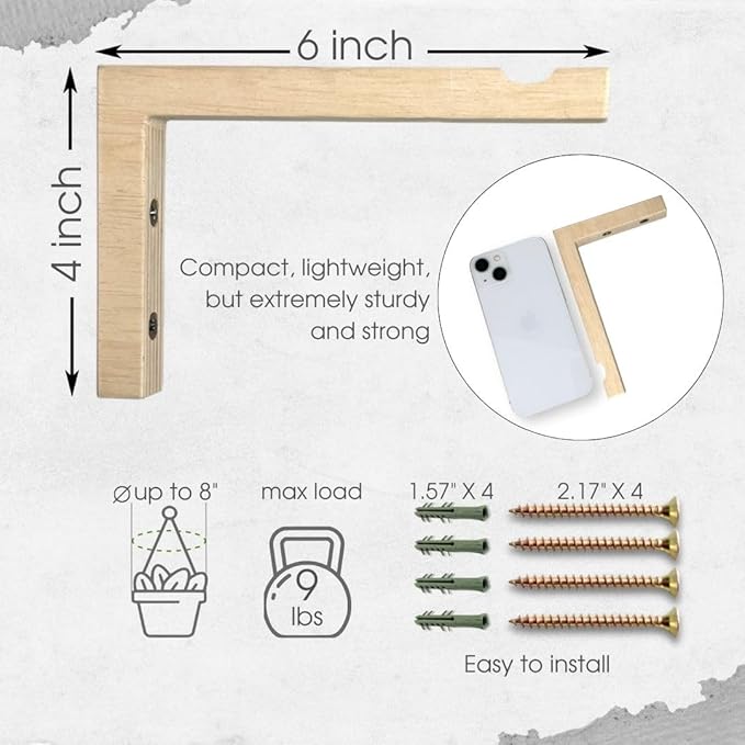 2-Piece Set of Plant Hooks for Wall 6 Inch - L-Shaped Mounted Wooden Plant Hook - Indoor and Outdoor Bracket Plant Hanger for Planters, Lanterns, Bird Feeders and Plant Basket (Natural)