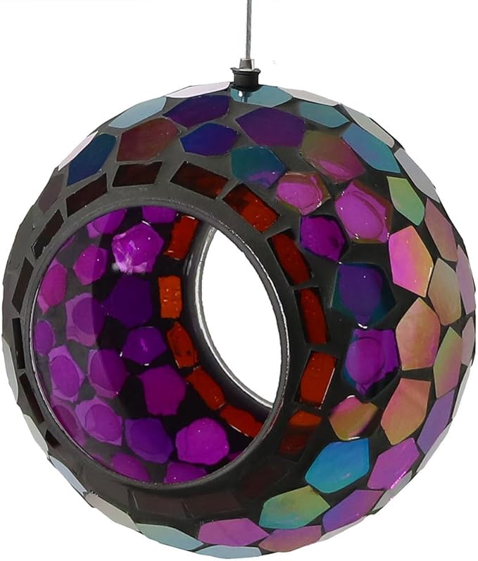 Sunnydaze 6-Inch Glass Mosaic Hanging Bird Feeder for Outdoors - Fly-Through Wild Bird Feeder - Iridescent Purple Mosaic