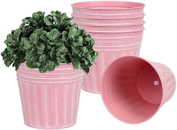 vensovo 5 Inches Pink Metal Rustic Flower Pots - 6 Pcs Small Galvanized Planters with Drainage Hole and Rubber Plug, Rustproof Tin Bucket Plant Pot Farmhouse Vintage Style for Decor