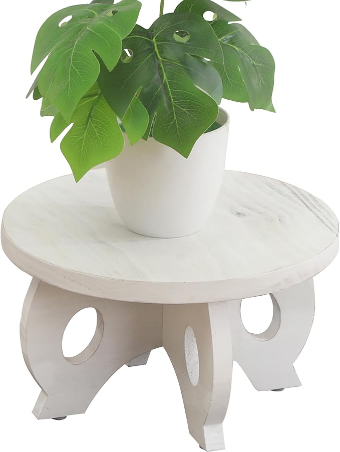 Small Plant Stand Kitchen Display Stand 10 inch Plant Holder Plant Stool Round Stand Risers Farmhouse Rustic Balcony Decor Pedestal Board Washed White