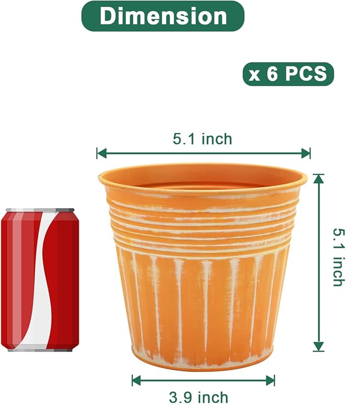 vensovo 5 Inches Orange Metal Rustic Flower Pots - 6 Pcs Small Galvanized Planters with Drainage Hole and Rubber Plug, Rustproof Tin Bucket Plant Pot Farmhouse Vintage Style for Decor