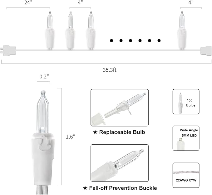 MULTI-SPARKING White LED Christmas Lights - 100 Count Warm White Christmas String Lights for Tree, Party, Wedding, Holiday, Indoor and Outdoor Decor, 33 Feet White Wire, UL Certified, Connectable