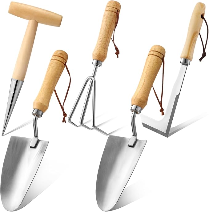 Lasnten 5 Pcs Garden Tool Set, Heavy Duty Gardening Tools with Hand Dibber, Hand Crack Weeder, Transplanter, Big Trowel, 3-Claw Cultivator for Planting Flowers, Gardening Gifts for Women and Men