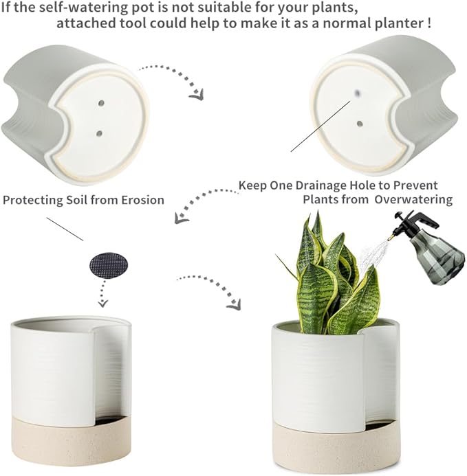 Nihow Self Watering Plant Pot: 8 Inch Ceramic Planter with Drainage Hole & Water Storage Plus for Indoor & Outdoor Plants - Cylinder Round Flower Pot for Succulent/Herbs/Violets - White & Brown