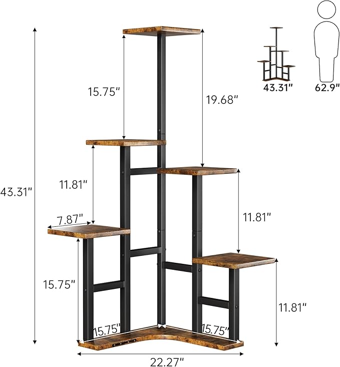 Corner Plant Stand Indoor, 6 Tier Corner Plant Shelf Flower Stand for Multiple Plants, Plant Shelves Organizer Rack for Living Room, Balcony, Patio, Garden, Square Rustic Brown