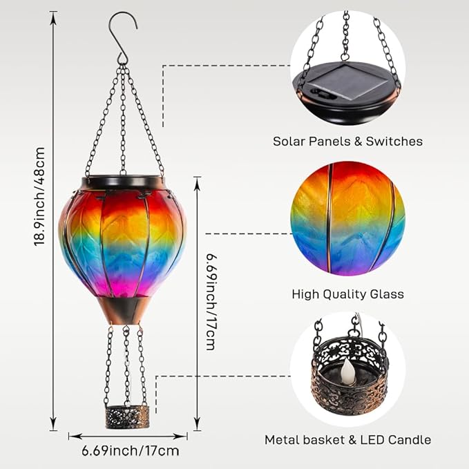 Starsoul Hot Air Balloon Solar Lantern with Candle Holder Solar Hot Air Balloon Flickering Flame Hanging Garden Light Waterproof Glass Hot Air Balloon Solar Lamp Decorative for Lawn Porch Tree Yard