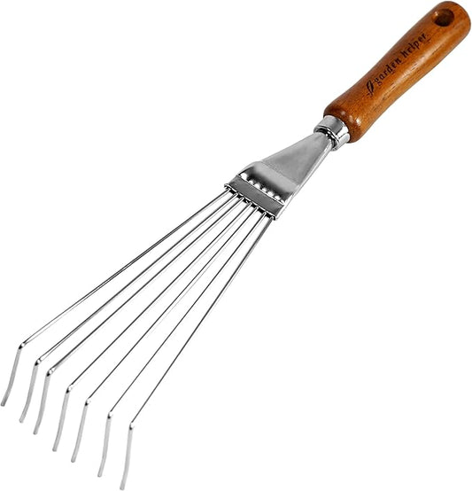 Japanese Hand Rake Garden Tool, Japanese Steel with Wood Handle, Small Rake for Leaves, Handheld Garden Cleaning Tool, Made in Japan, Silver