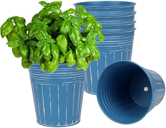 vensovo 6 Inch Steel Blue Metal Rustic Flower Pots - 6Pcs Galvanized Planters with Drainage Hole and Rubber Plug, Rustproof Metal Bucket Plant Pots Farmhouse Vintage Style for Decor