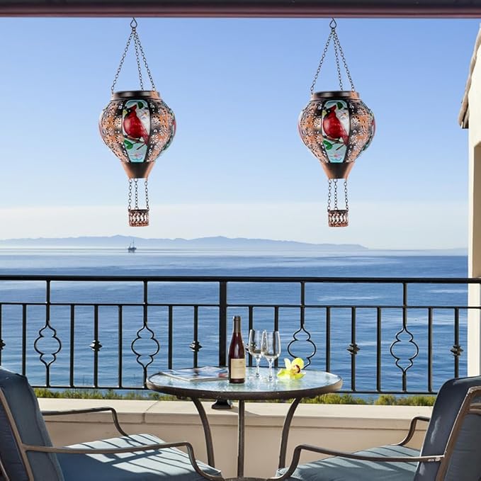 DREAMSOUL Cardinal Hot Air Balloon Solar Lantern, Metal Solar Lantern with Flickering Flame, Solar Lanterns Outdoor Waterproof for Lawn Patio Decor Christmas Gifts