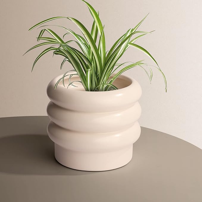Tiered Bubble Ceramic Plant Pot, Creamy White 6 Inch Ceramic Planter with Drainage Holes, Ceramic Flower Pot with Mesh Pad, Rubber Plugs, Ceramic Pots for Indoor Plants Outdoor, Modern Décor
