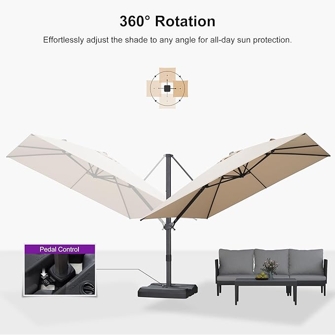 PURPLE LEAF 10' × 10' Patio Cantilever Umbrella with Base Outdoor Square Adjustable Offset Umbrellas with 360-degree Rotation and 8 Heavy Duty Metal Ribs for Garden Deck Pool Beige
