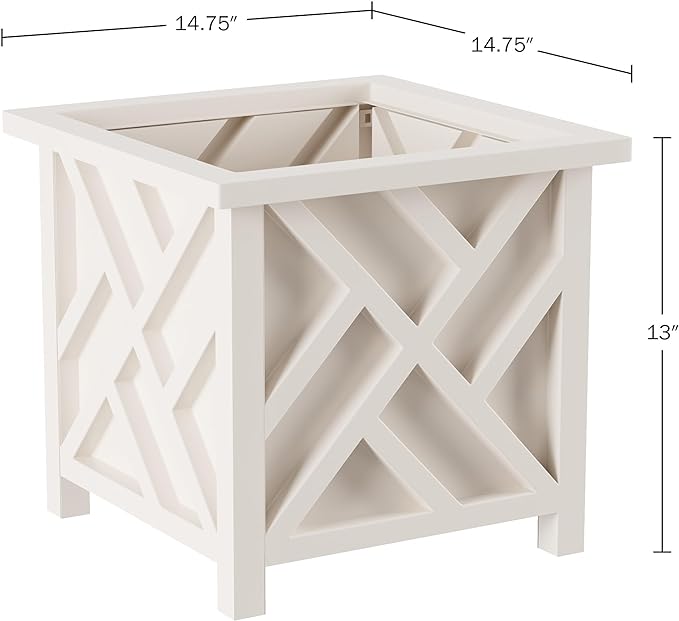 Planters Box - 14.75in Lattice Flower Box Plant Pot - Outdoor Patio Planters and Flower Boxes for Front Porch or Garden Decor by Pure Garden (White)