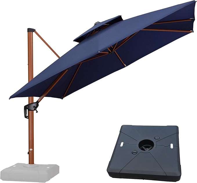 PURPLE LEAF 10ft Patio Umbrella with Base Outdoor Square Umbrellas Large Cantilever Umbrella Windproof Offset Umbrellas Heavy Duty Sun Umbrella for Garden Deck Pool Patio, Navy Blue