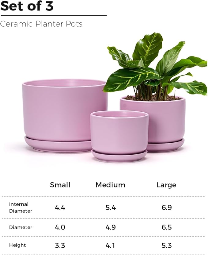 Ton Sin Plant Pots, 4.1+5.1+6.5 inch, Set of 3, Ceramic Planters with Drainage Hole and Saucer, Indoor Flower Pot with Hole Mesh Pad, Gifts for Mom(Matte Pink)