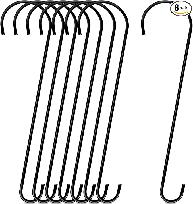 8 Pack 24 Inch Large Tree Branch Hooks Long S Hooks for Hanging Plants, Bird Feeder Hook for Tree, Metal Garden Hooks for Hanging Baskets, Plants, Lanterns Outdoor and Indoor Uses (Black)