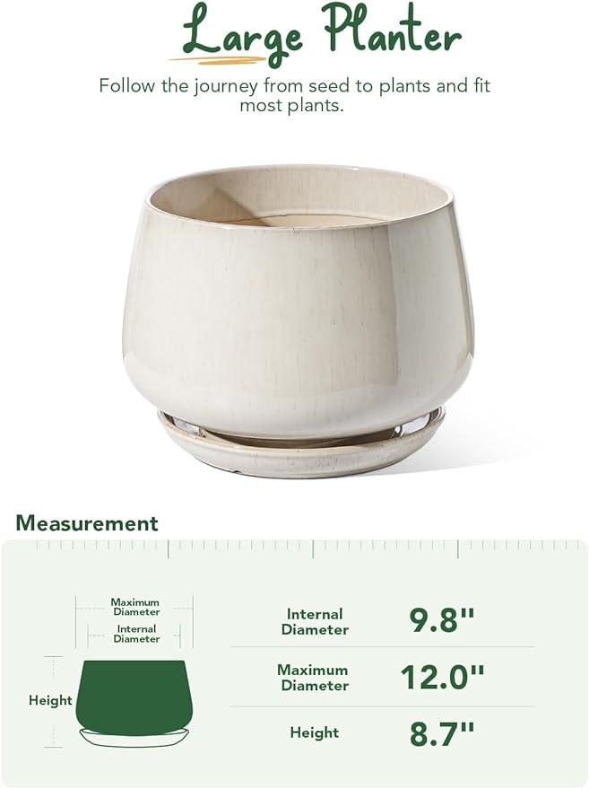 LE TAUCI Ceramic Planters, 12 Inch Pots for Plants, Indoor Plant Pots with Drainage Holes and Saucers, Modern Planters Fit Mid Century Plant Stand, Flower Pots for Indoor Plants, Reactive Glaze Beige