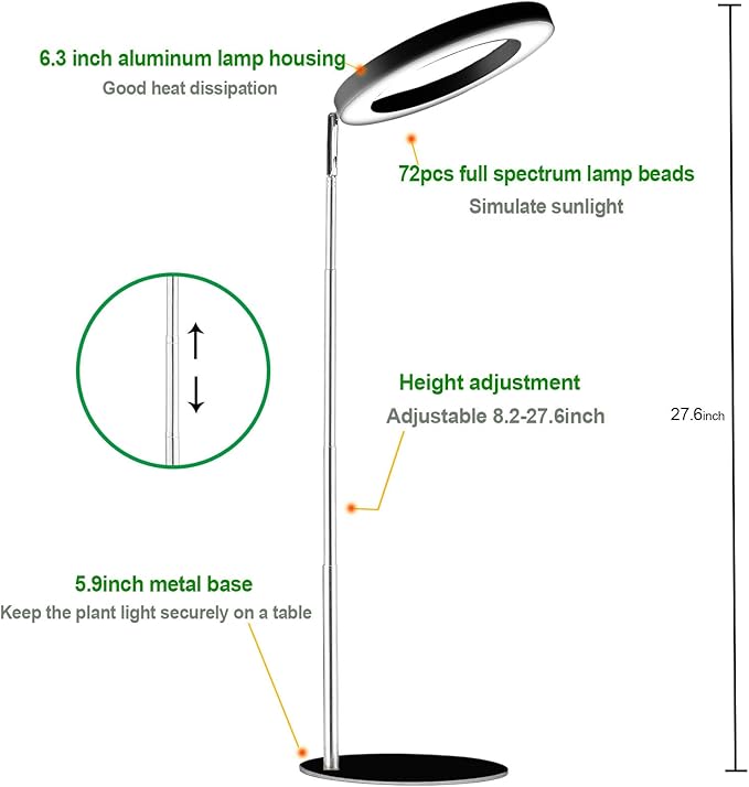 yadoker Plant Grow Light for Indoor Plant,Desk LED Grow Light,Height Adjustable,Automatic Timer with 8/12/16 Hours,10-Level Brightness,Ideal for Small Plant Grow