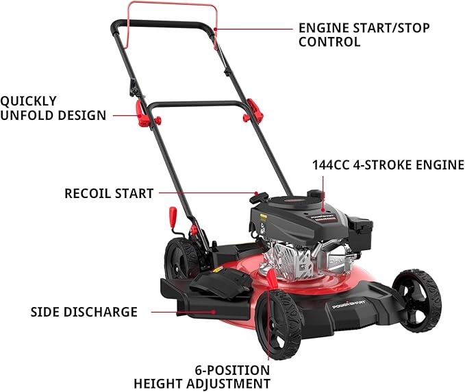 PowerSmart 21 in. Gas Lawn Mower with 144cc OHV Engine, 2-in-1 Push Mower with Mulching & Side-Discharge