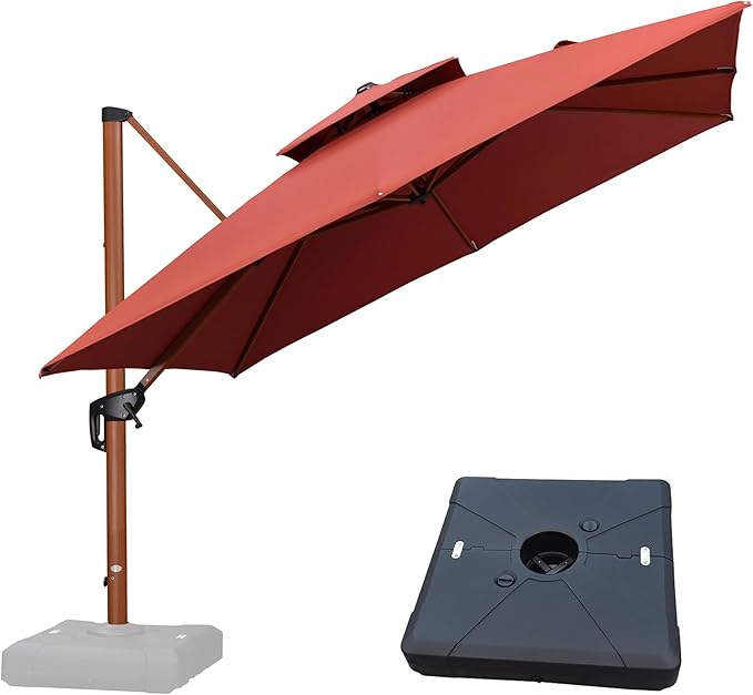 PURPLE LEAF 10ft Patio Umbrella with Base Outdoor Square Umbrellas Large Cantilever Umbrella Windproof Offset Umbrellas Heavy Duty Sun Umbrella for Garden Deck Pool Patio, Brick Red