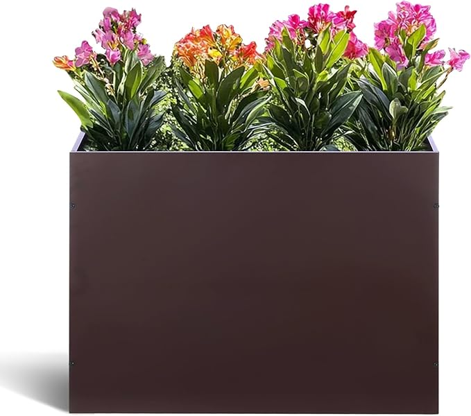 Metal Rectangular Planter Box Tall Planters for Outdoor Plants Modern Heavy Duty with Drainage Holes for Outside Indoor Patio Deck - Brown, 32”x 12”x 24”