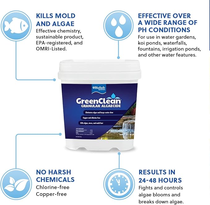 BioSafe Systems 3002-8 GreenClean Granular Algaecide String Algae Control for Koi Ponds, Fountains, Waterfalls, Water Features on Contact, 8 lbs, EPA Registered