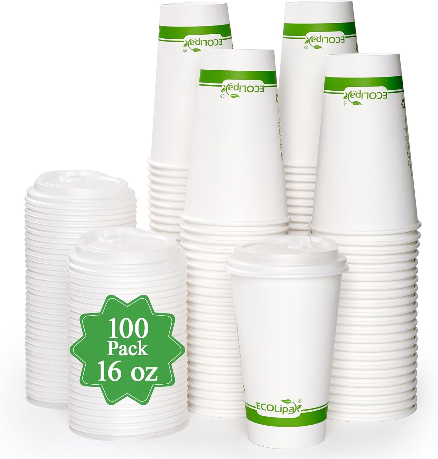 ECOLipak 100 Count 16 oz Compostable Paper Coffee Cups, Biodegradable Disposable Coffee Cups with CPLA Lid, Eco-friendly Hot Drinking Cups for Parties, Picnics, Travels,and Events