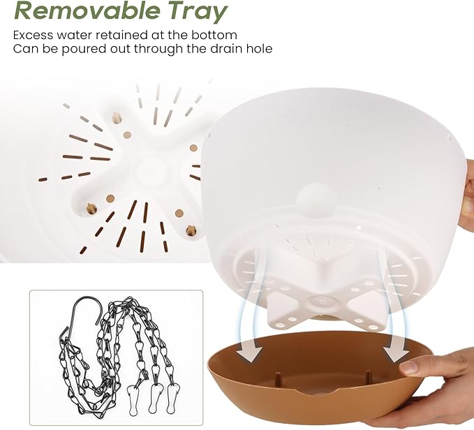 10 Inch Hanging Planter, 2 Pack Hanging Plant Self Watering Pot with Drainage Holes & Saucers, Hanging Baskets Flower Pots with Black Macrame Rope Hangers for Garden Home -White