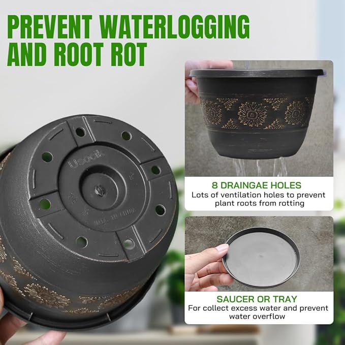 4 Pack 10 inch Plant Pots, Retro Pattern Planters with Drainage Holes and Saucer, Sturdy Plastic Garden Flower Pots for Indoor & Outdoor Plants