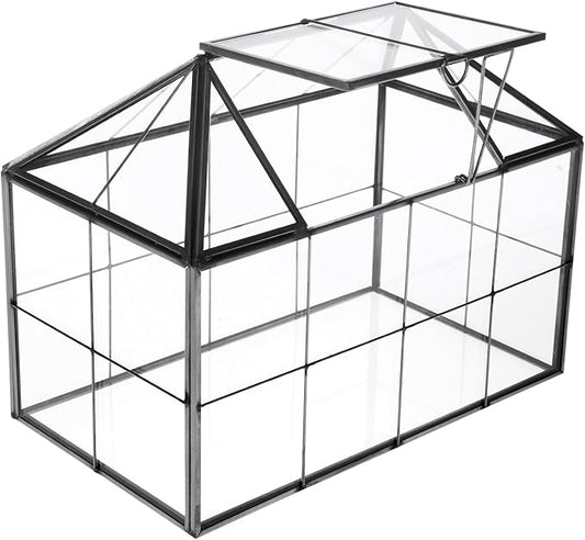 HighFree Geometric Terrarium Planter with Swing Lid, House Shape Black Handmade Glass Box, Vintage Tabletop Miniature Terrarium, for Succulent, Cacti, Air Plants (Not Watertight - 9.2x5.5x7.3 inch)