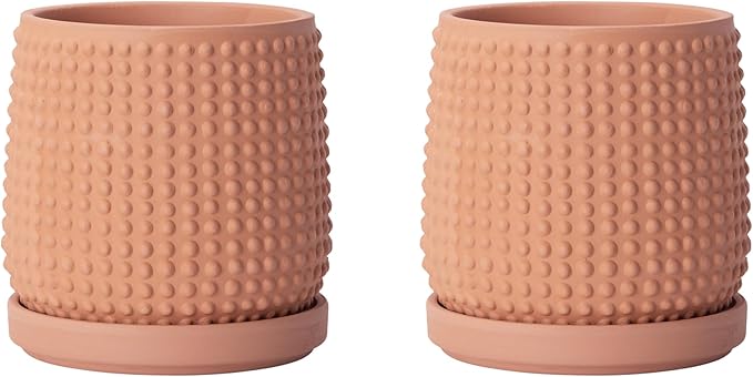 D'vine Dev Set of 2 Ceramic Plants Pots, 4 Inch Beaded Stoneware Flower Pot for Plants with Drainage Hole and Saucer, Terracotta, 27-E-Z-7
