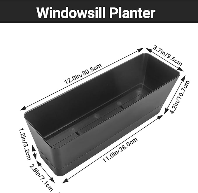 GREANER Black Rectangle Window Boxes, 3 Pack 12x3.8 Inch Herb Planters with Tray, Indoor Succulent Cactus Mint Plastic Pot for Windowsill, Garden Balcony, Office Outdoor Decoration