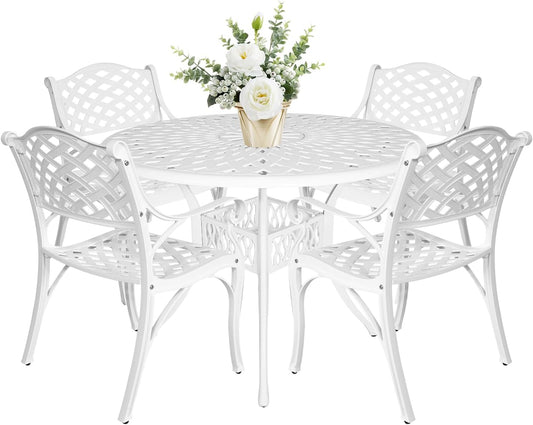 5 Piece Cast Aluminum Outdoor Dining Set, Outdoor Table and Chairs Set of 4, Patio Dining Set with 4 Chairs and 42" Round Table, Patio Conversation Set with 1.97" Umbrella Hole