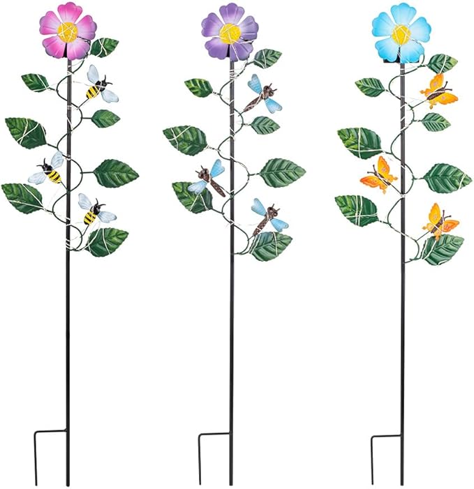 Set of 3 Solar Garden Lights,23'' H Flowers＆Insect Decorative Garden Stakes,Waterproof Metal Spring Yard Art Decor,Solar Stake Lights for Outside,Lawn,Yard,Patio