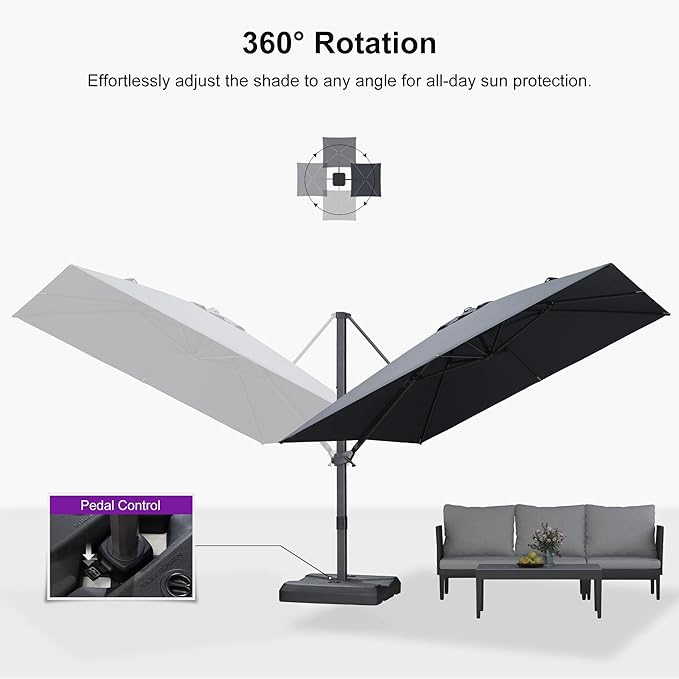 PURPLE LEAF 10' × 10' Patio Cantilever Umbrella with Base Outdoor Square Adjustable Offset Umbrellas with 360-degree Rotation and 8 Heavy Duty Metal Ribs for Garden Deck Pool Grey