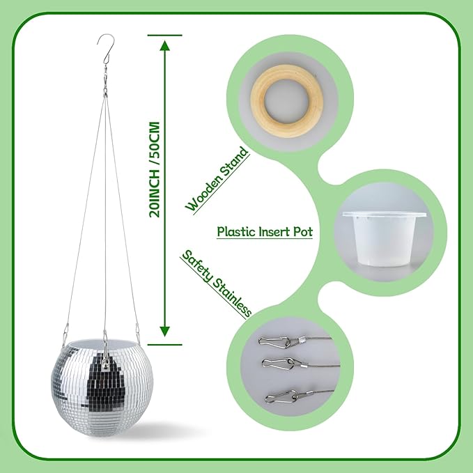 6inch Disco Ball Hanging Plant Pots,Plant Disco Ball Silver Mirror Disco Planter with Chain Hook for Indoor Outdoor Decor and Wooden Stand for Desk,Self Watering Insert Pots, Boho Disco Ball Planter