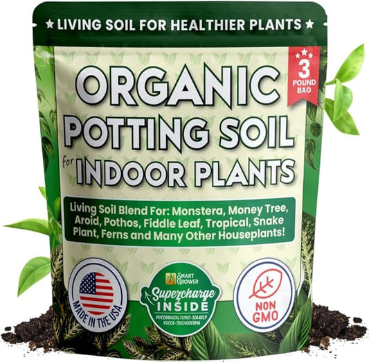Organic Potting Soil for Indoor Plants. Boost House Plant Growth for Monstera, Fiddle Leaf, Money Tree, Pothos, Snake Plant, Aroid, Flowers, Herbs, Veggies, & More, Smart Grower 3 LB Ready to Plant